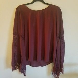 Peasant Top, Sheer Sangria Red with Lace Detail